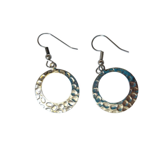 Vintage Hammered Circle Dangle Drop Earrings Silver Tone Hooks