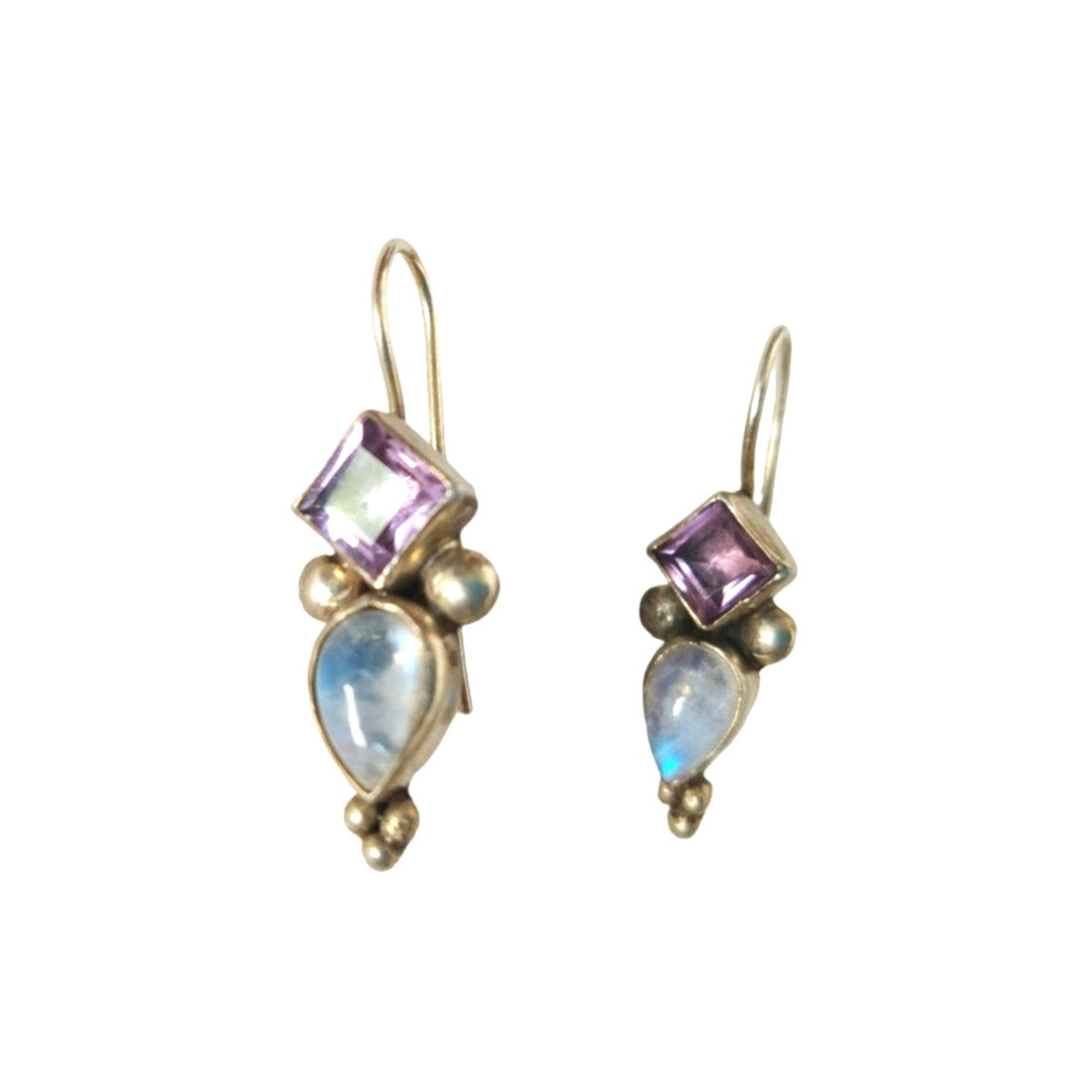 Vintage Art Deco Amethyst & Moonstone Dangle Earrings Sterling Silver 925 Hook