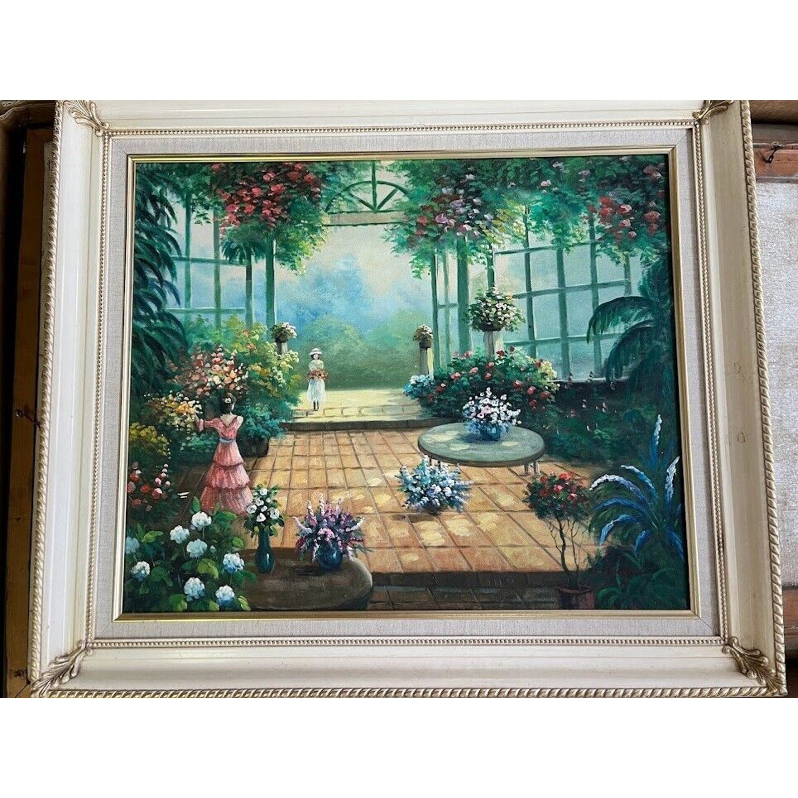 Original W. Hodges Painting Oil On Canvas Garden Colorful Flowers Signed Framed