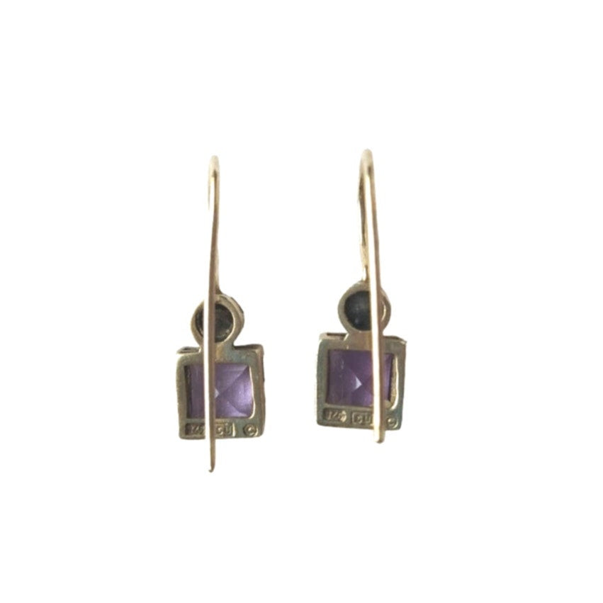 Princess Cut Amethyst Marcasite Dangle Earrings Sterling Silver 925 Signed SU