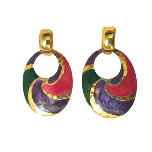 Vintage Swirl Enamel Oval Halo Dangle Earrings Gold Purple Red Green Posts