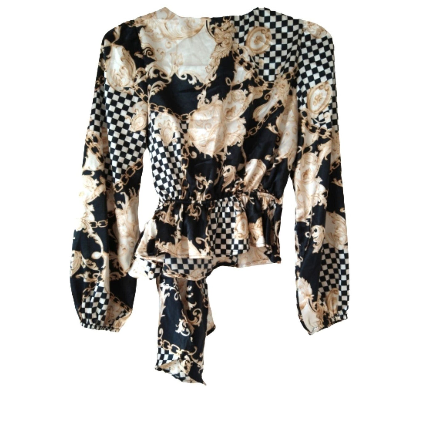 O.L.M. black white gold chess long sleeve Blouse top with bow S