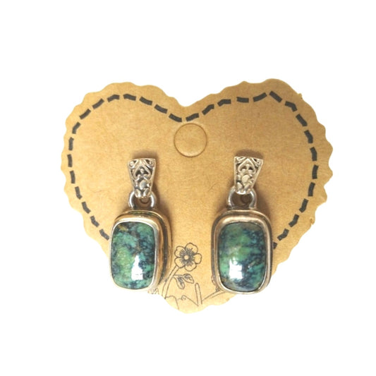 Vintage Sarda Cushion Cut Green Turquoise Dangle Earrings Sterling Silver 925