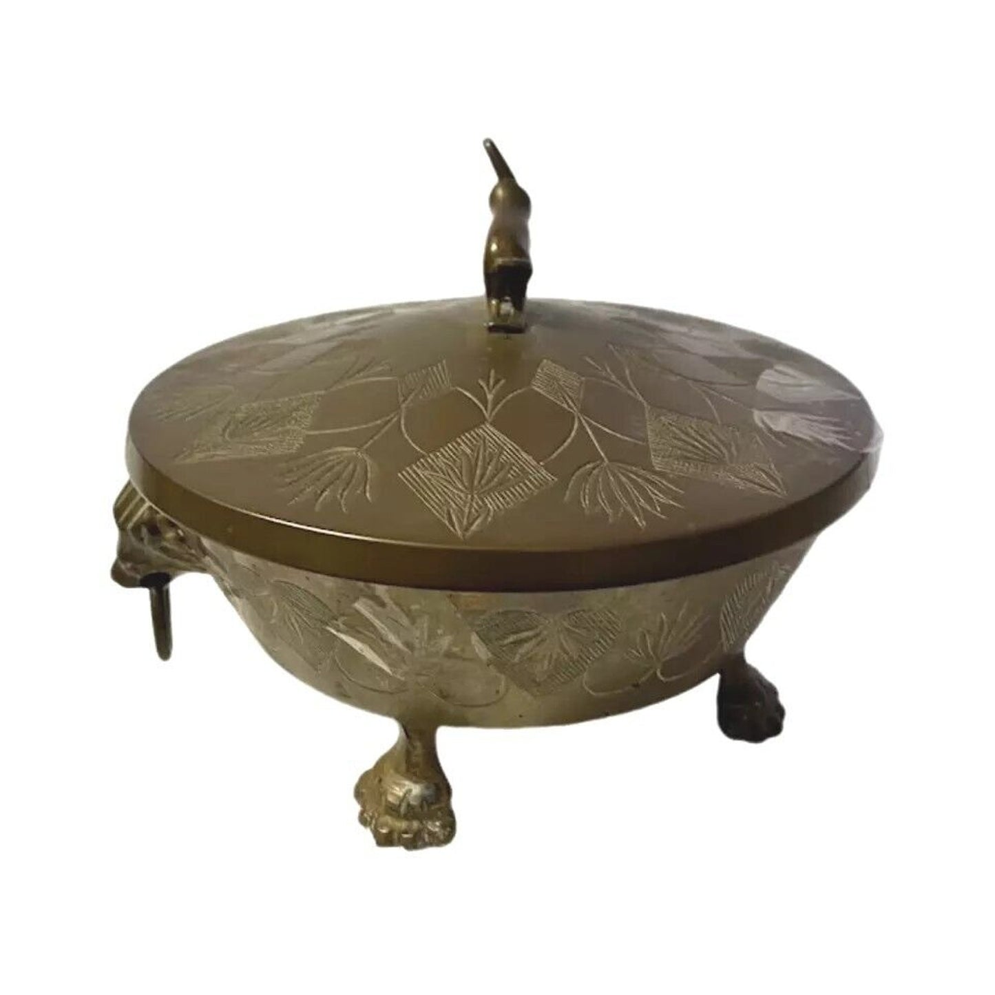 Vintage Brass Elephant Design Brass Bowl w Lid Round Footed Tibetan