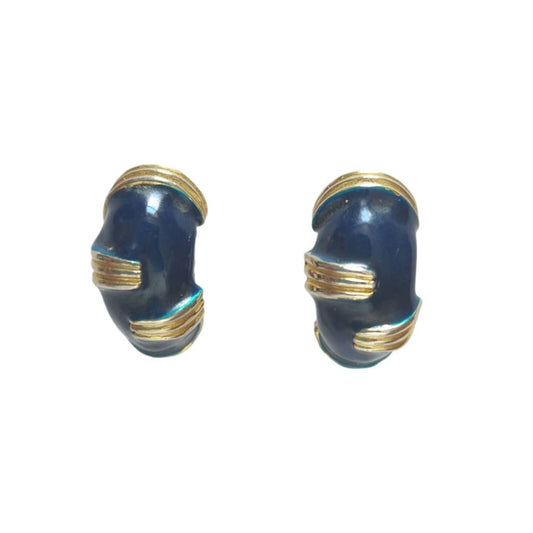 Vintage Navy Blue Enamel Cuffs Domed Stud Earrings Gold Tone Clip On
