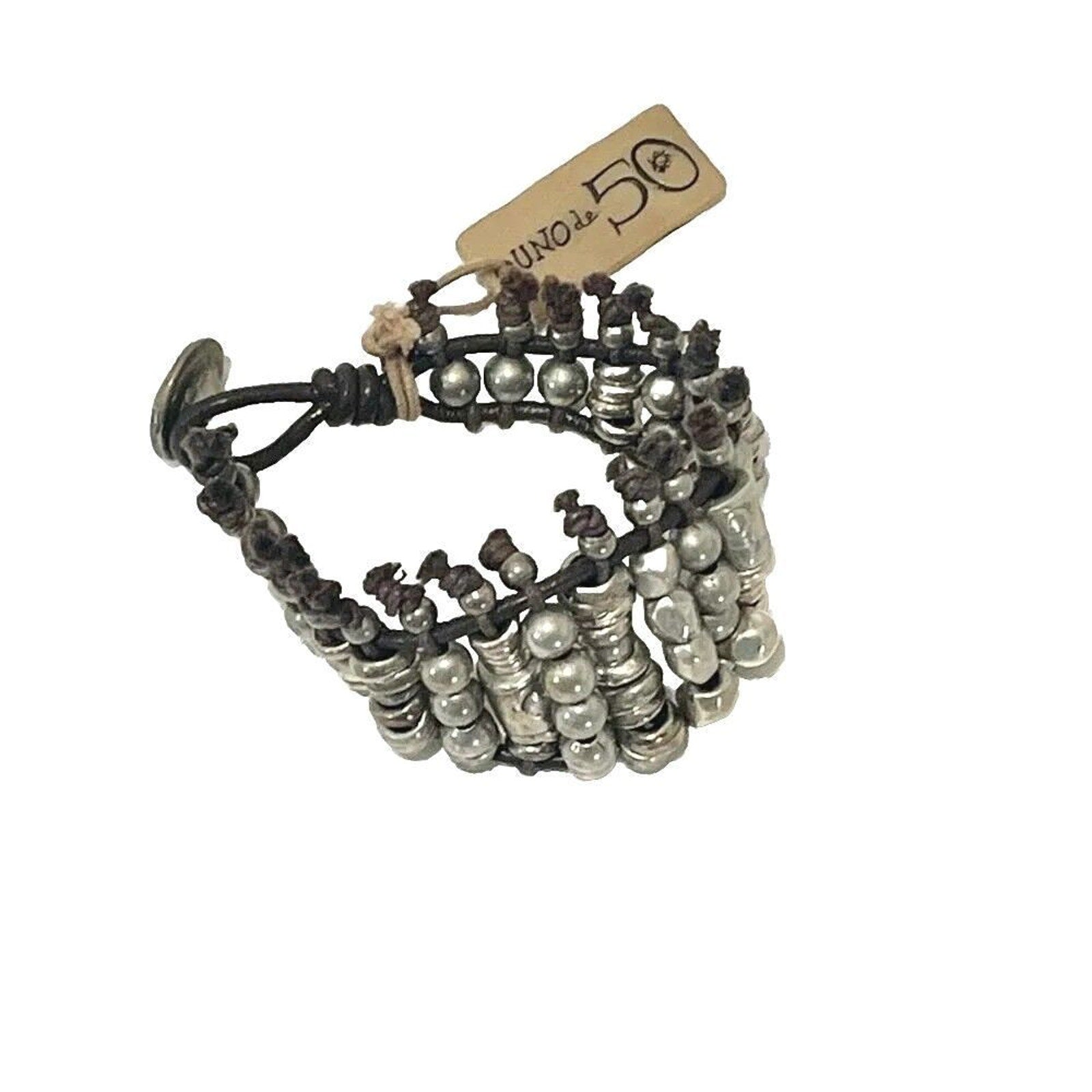 Uno De 50 Bracelet Beaded Silver Brown Leather Wide Unisex Men's Women's Spain