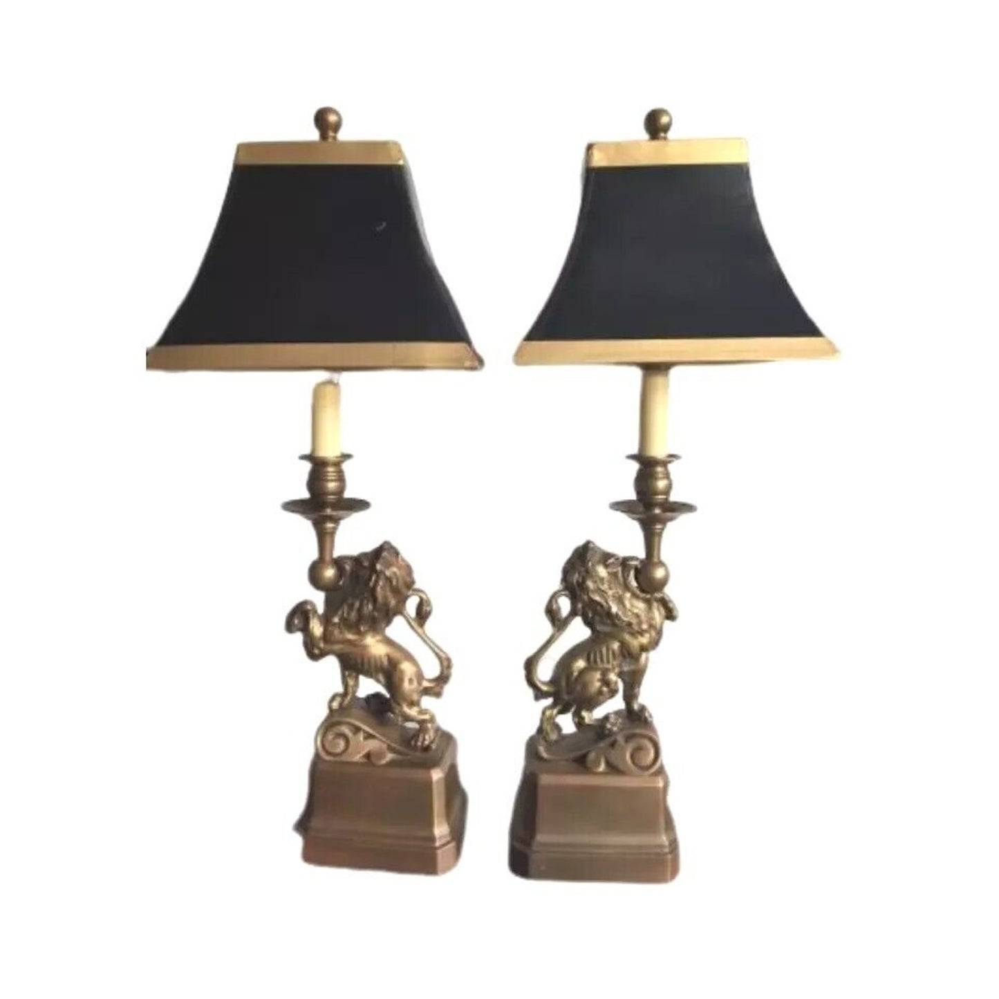 Art Deco French Table Lamp Brass Figural Prancing Lions Candelabra Black Shades