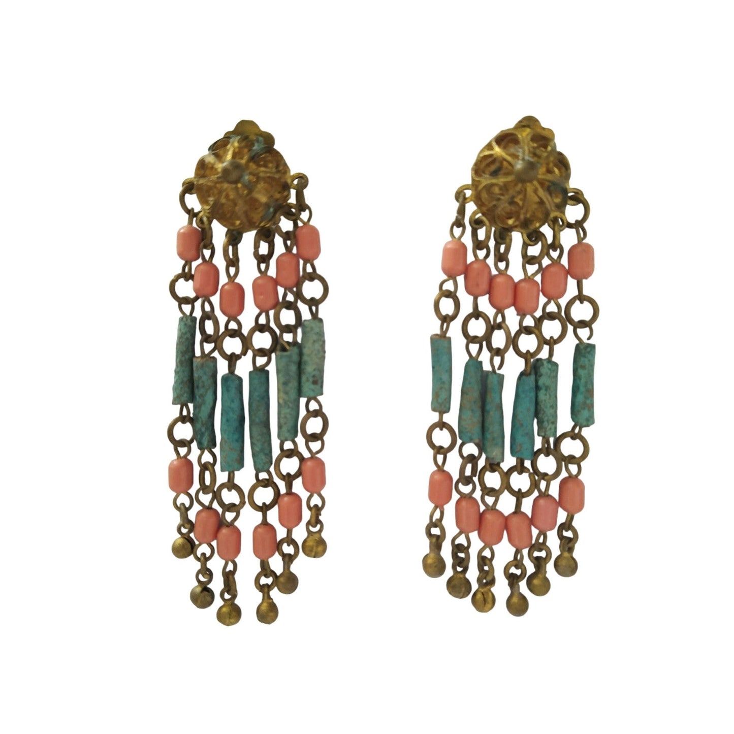 Vintage Egyptian Revival Faience Blue & Orange Earrings Gold Plated Clip On