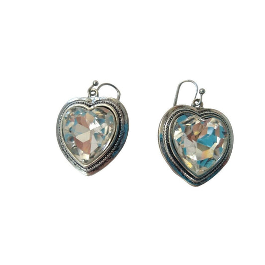Silver Heart-Shaped Hoop Dangle Earrings With Clear Crystals