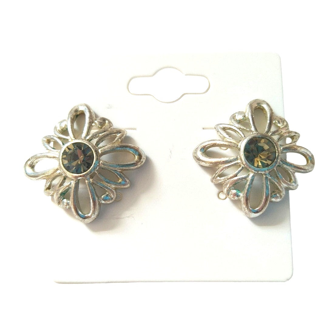 Vintage Black Rhinestones Flower Stud Earrings Silver Tone Post