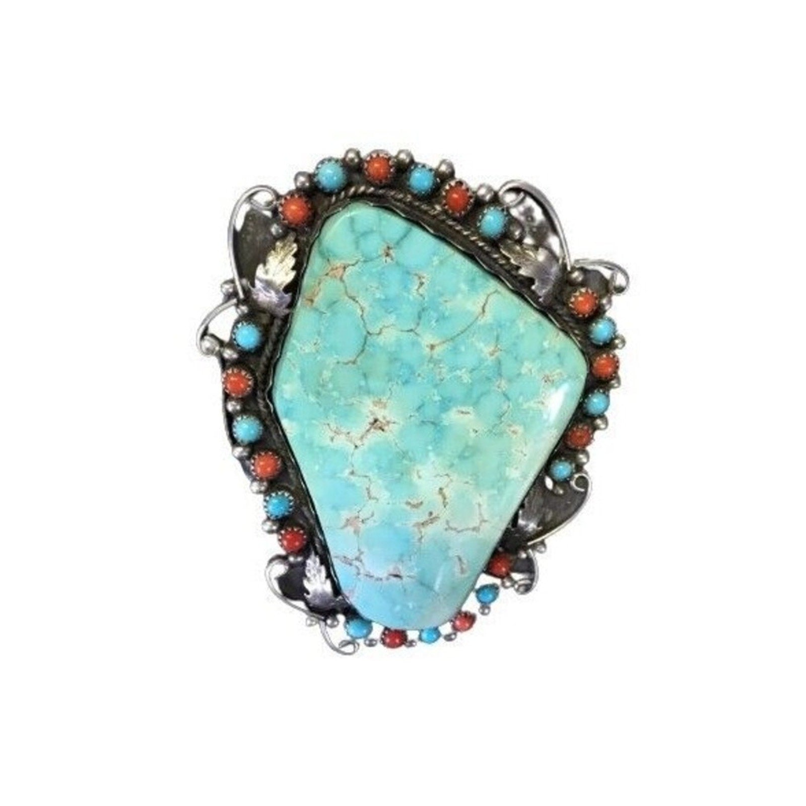 Antique Cuff Bracelet Green Turquoise Coral Sterling Silver Navajo Native Signed
