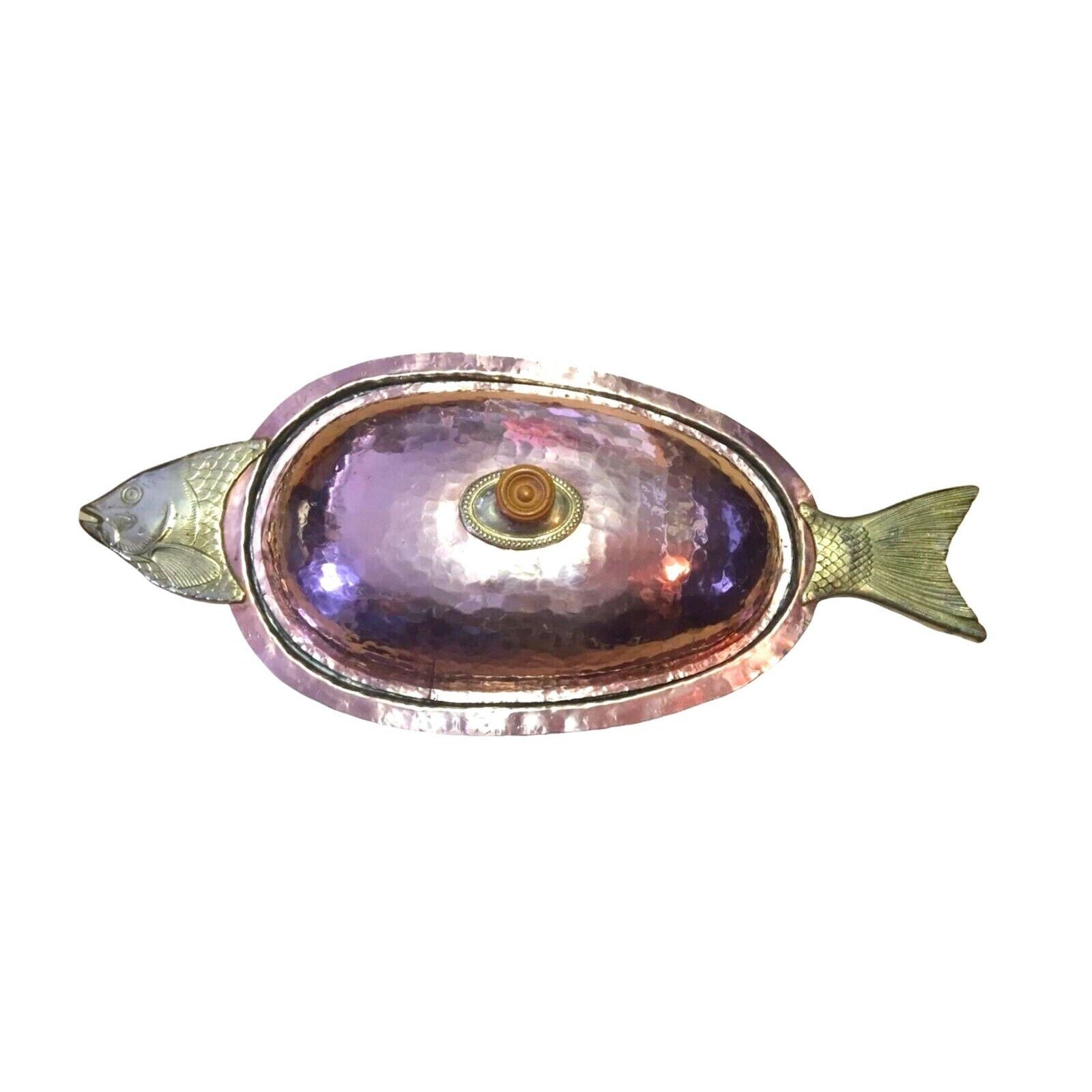 Antique Serving Dish Platter Cooking Lid Fish Seafood Oval Hammered Copper Brass