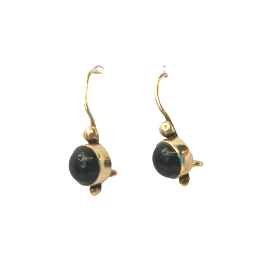 Vintage Cabochon Black Onyx Dangle Earrings Yellow Gold On Sterling Silver 925