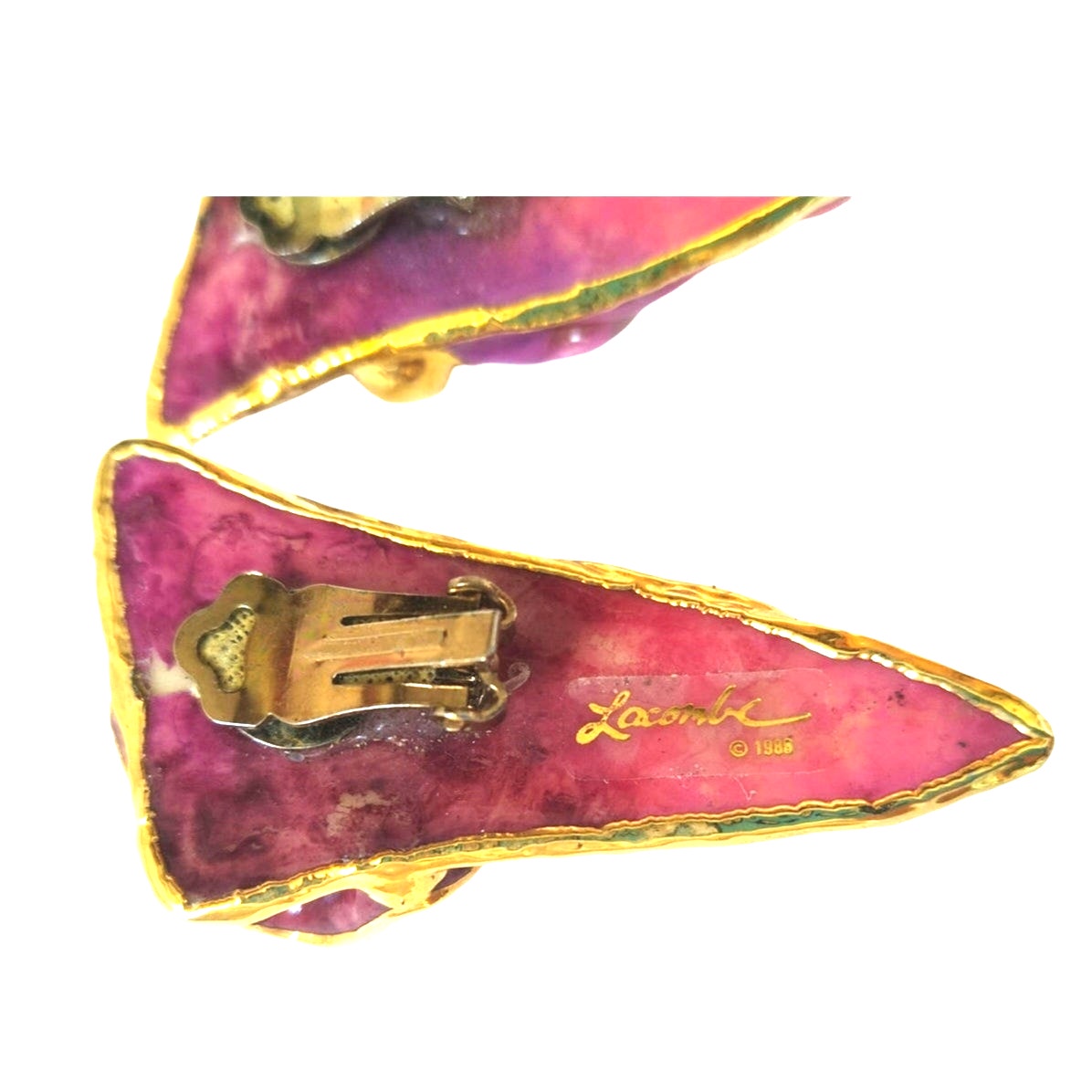 Vintage Amy Lacombe Pink Purple Flower Dangle Earrings Yellow Gold Plated Clip