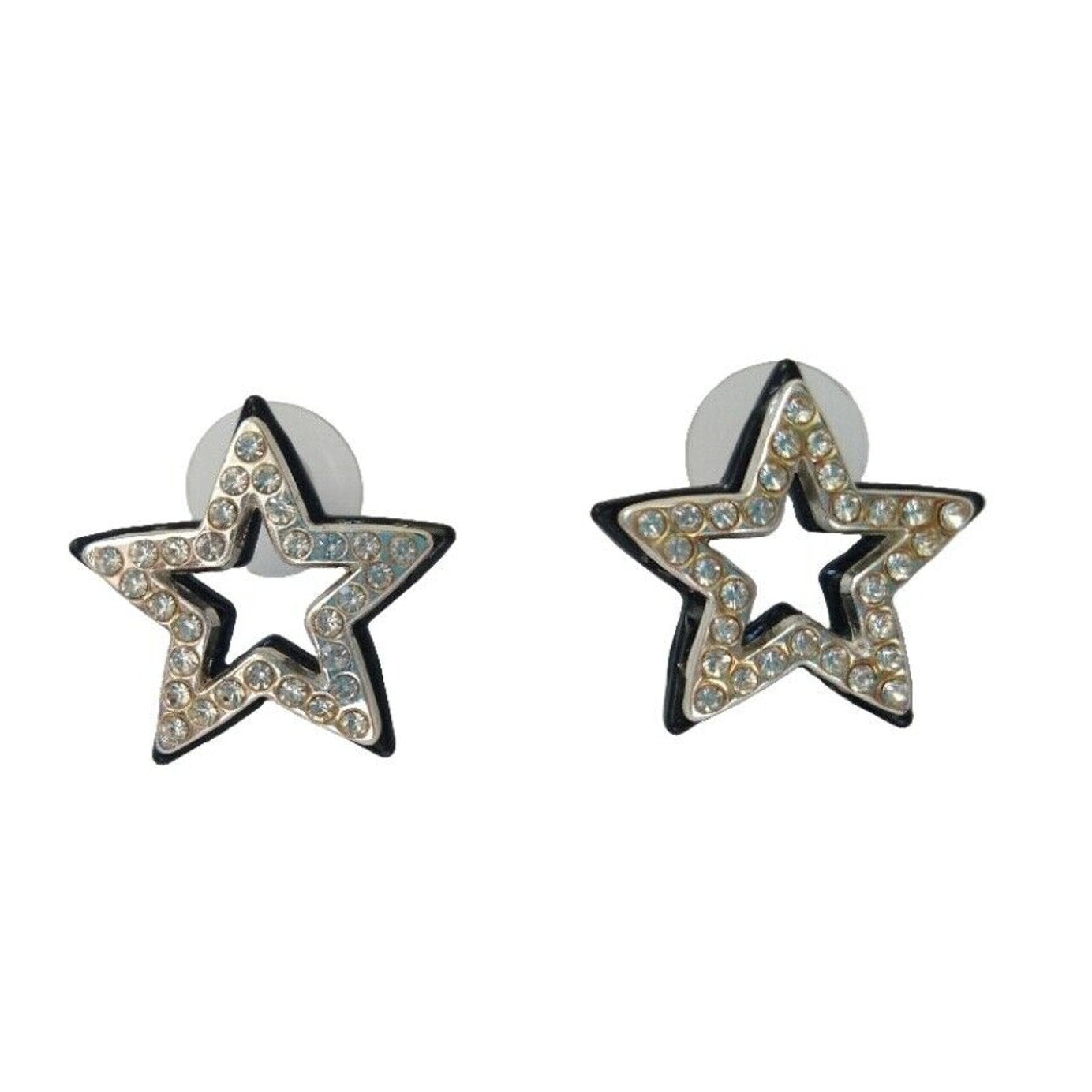 Silver & Black Star Stud Earrings Rhinestone Screw Back Womens