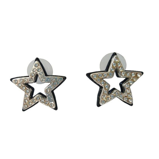 Silver & Black Star Stud Earrings Rhinestone Screw Back Womens