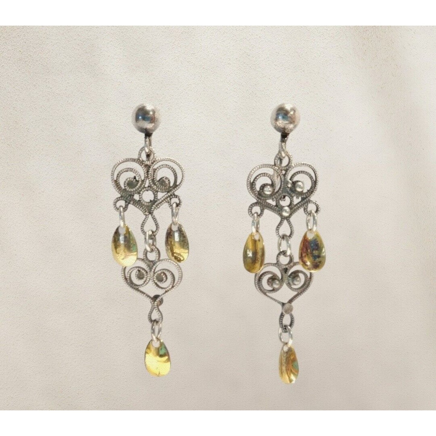 Vintage Norwegian SOLJE Sterling Silver Double Heart Earrings 18k Dipped Drops