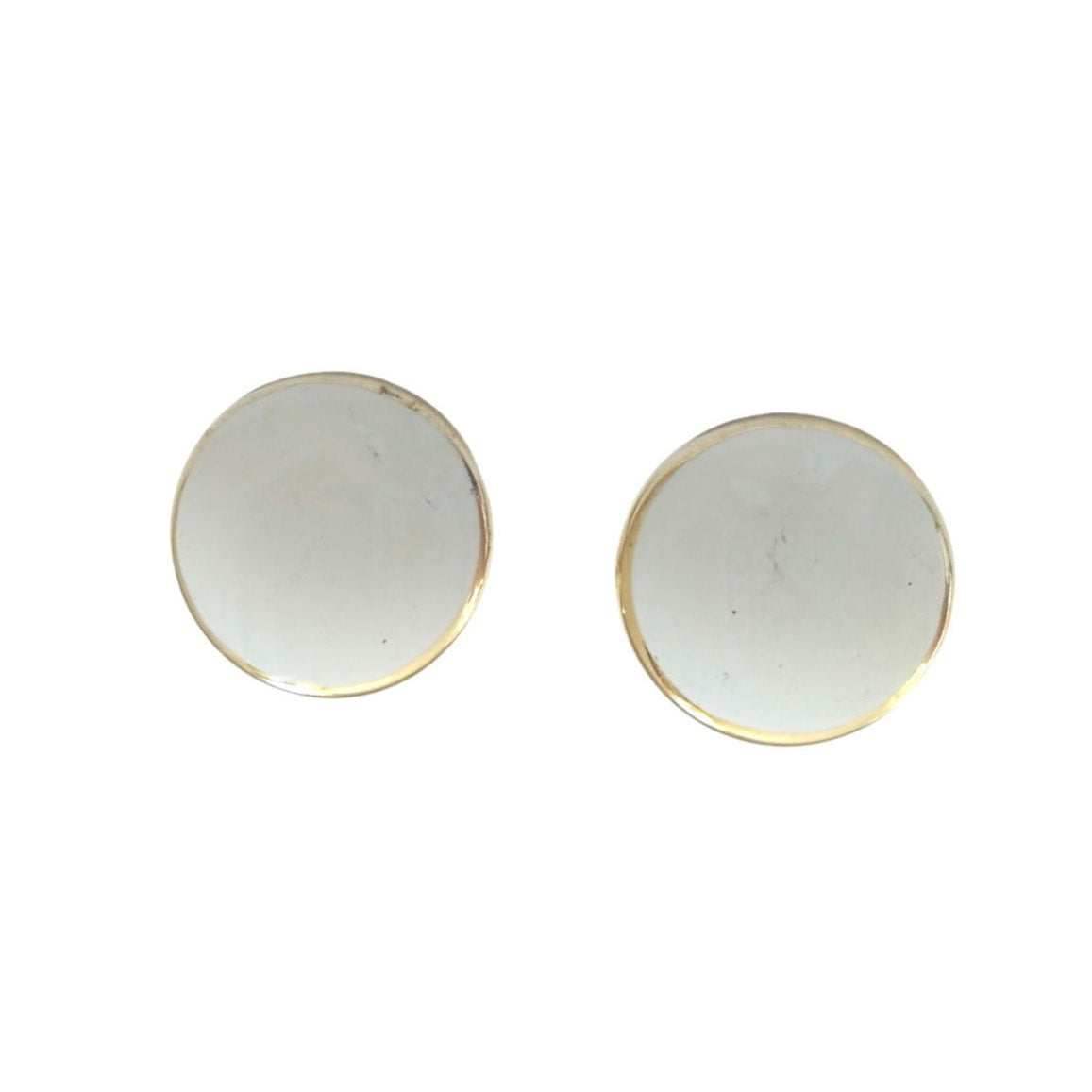 Vintage Round Button Stud Earrings White & Yellow Gold Plated Screw Back