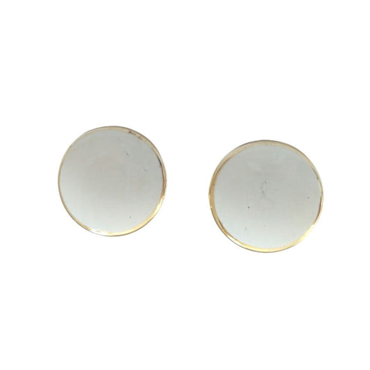Vintage Round Button Stud Earrings White & Yellow Gold Plated Screw Back
