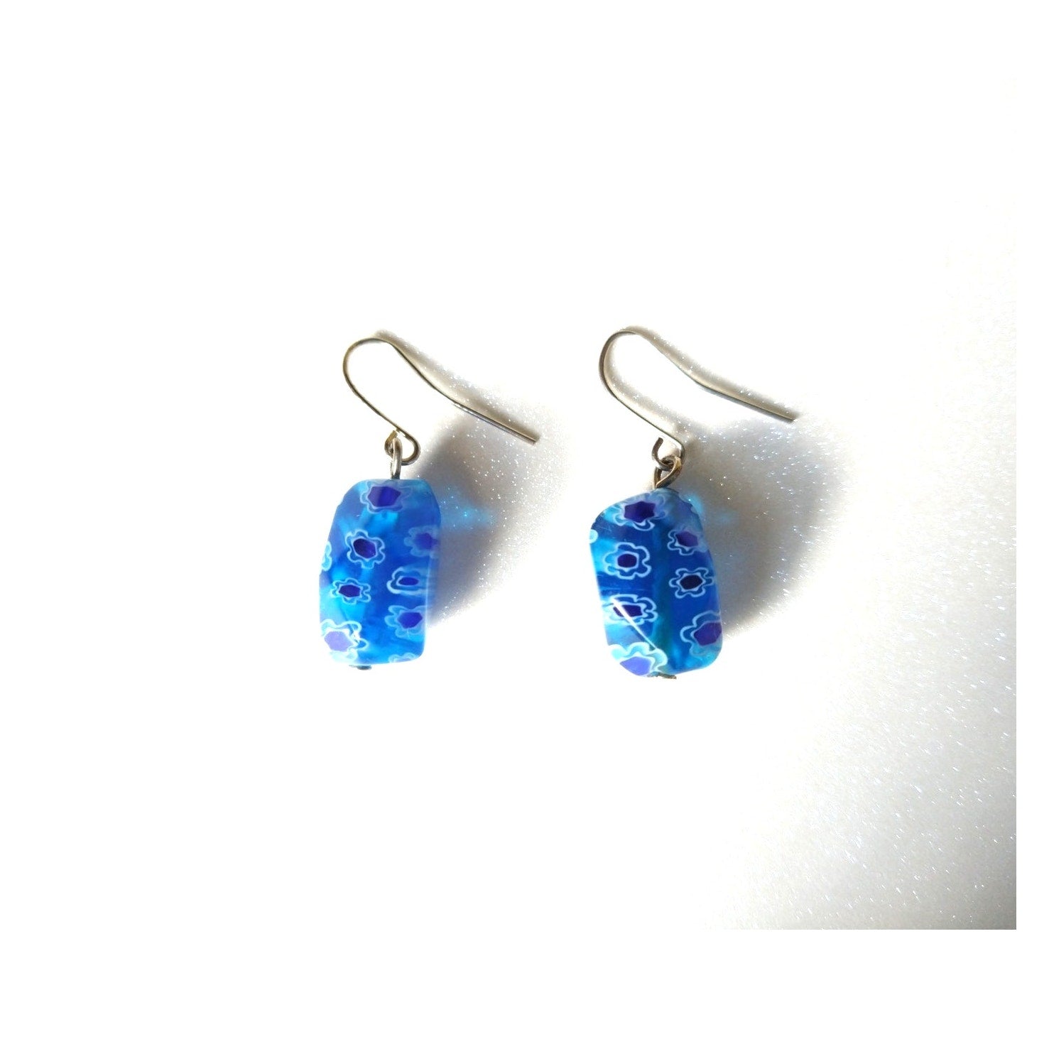 Millefiori Glass Bead Aqua Royal Blue Dangle Drop Earrings Stainless Steel