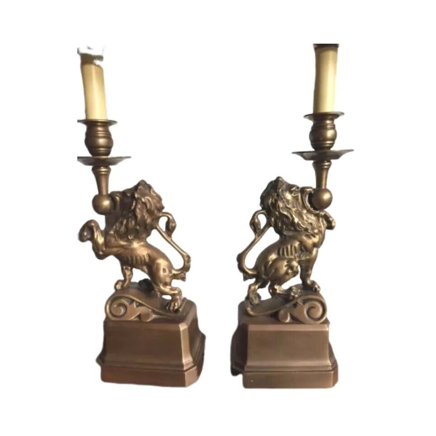 Art Deco French Table Lamp Brass Figural Prancing Lions Candelabra Black Shades