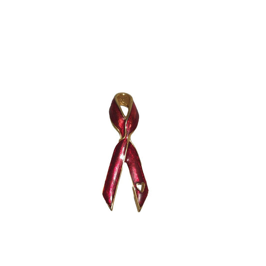 Gigi 1992 Signed Red Enameled & Gold Tone Awareness Ribbon Brooch Pin w/ Heart