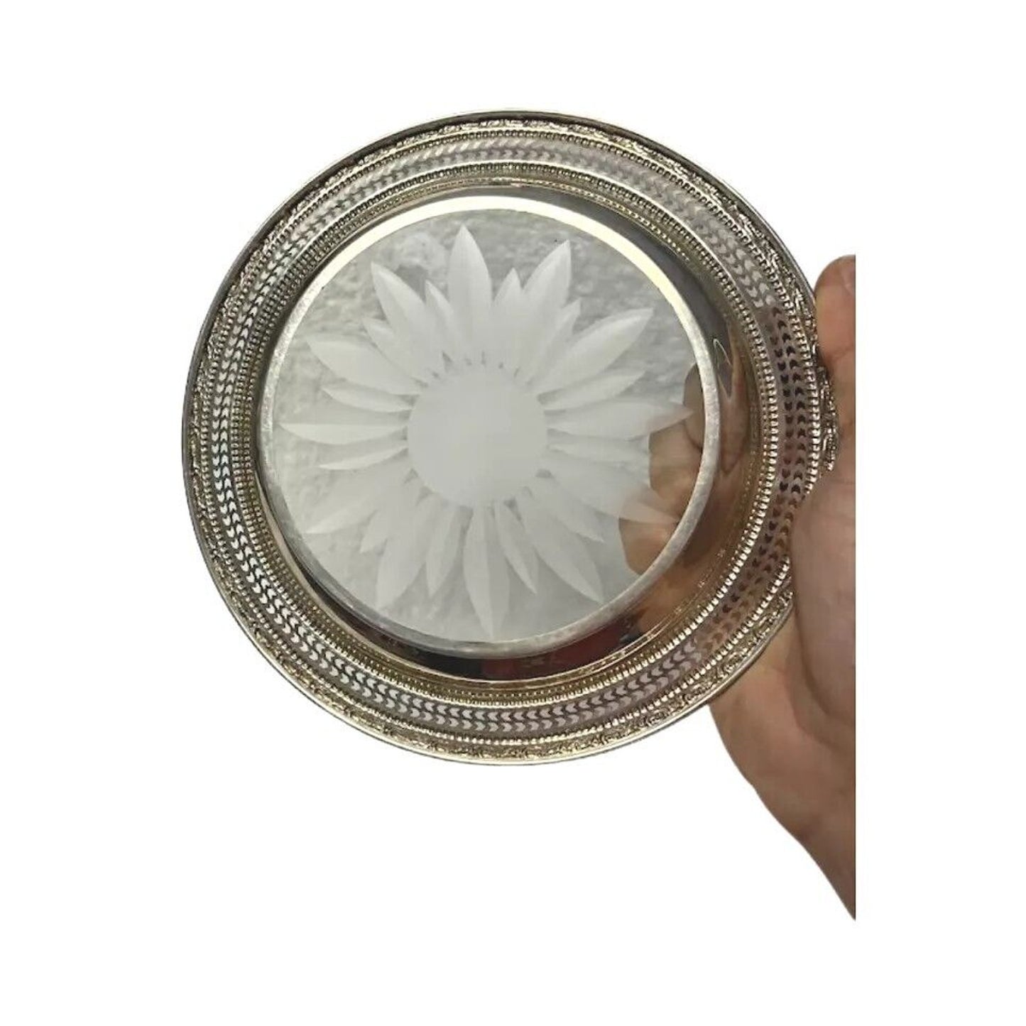 Vintage Frank Whiting Bottle Coaster Saucer Sterling Silver & Crystal Glass 6.5"
