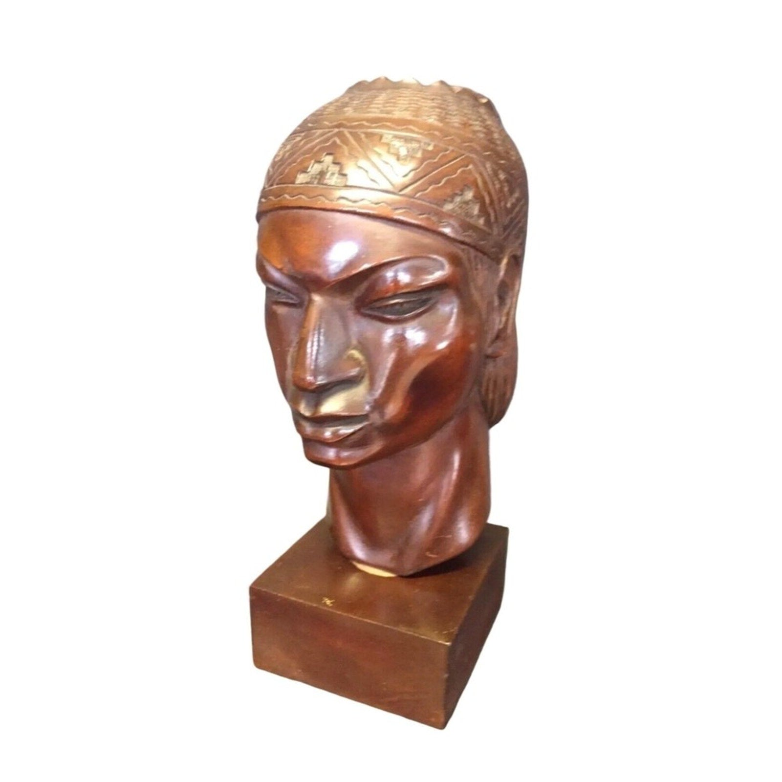 Antique Inca Warrior Statue Sculpture A. Saravia Peru Mahogany Wood Carving 1960