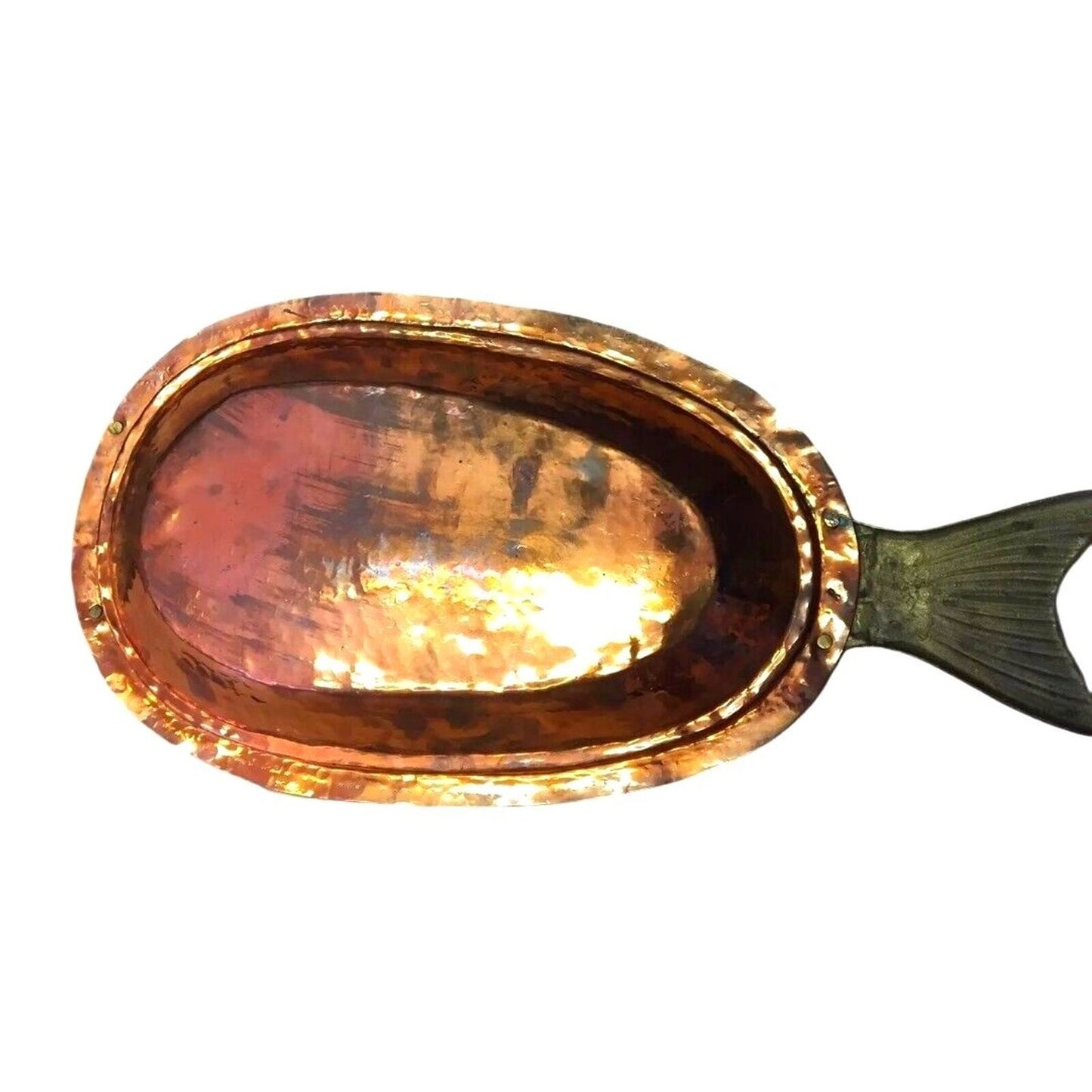 Antique Serving Dish Platter Cooking Lid Fish Seafood Oval Hammered Copper Brass
