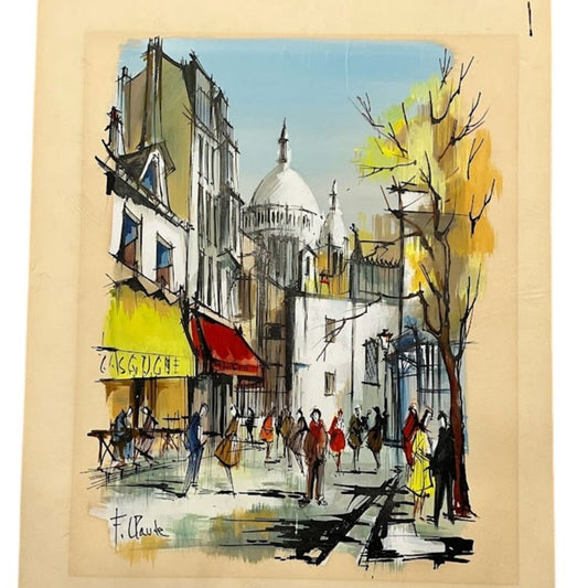 Original Watercolor by F Claude Sacre Coeur and Paris Street Scene Antique