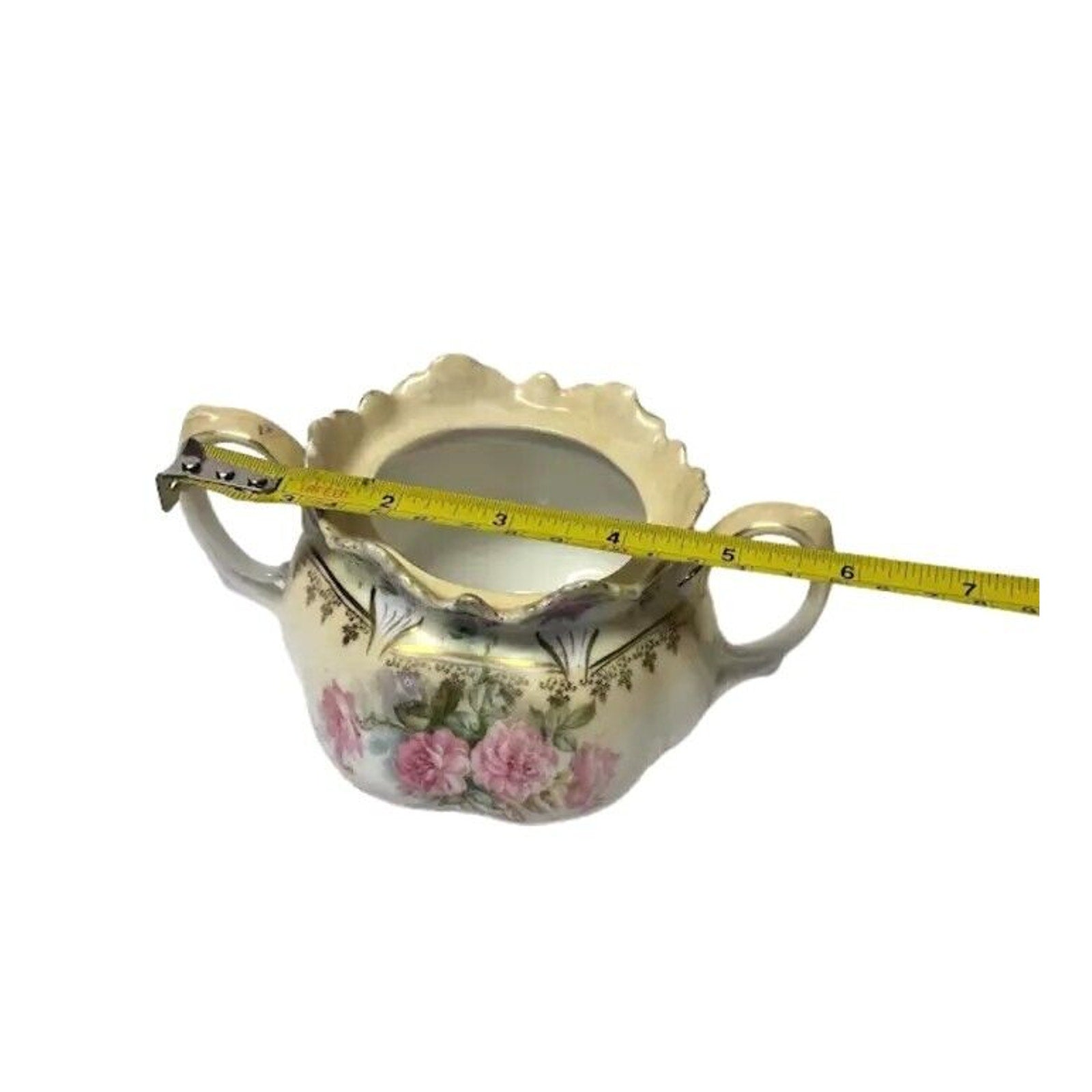 Antique RS Prussia Creamer Porcelain Two Handles Mold 506 Pink Roses C. 1890