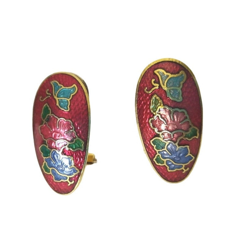 Vintage Red Flower Cloisonne Domed Stud Earrings Yellow Gold Plated Omega Clip