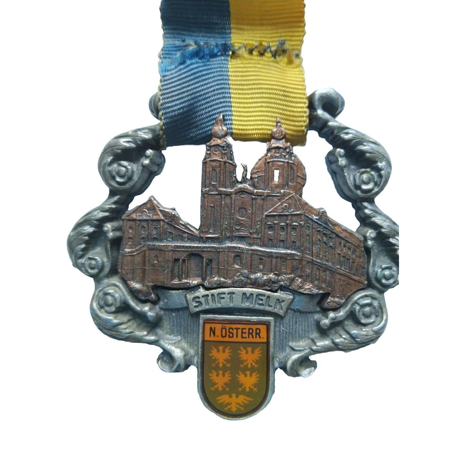 Austria Medal Medal Badge Stift Melk Hiking Walking Stick Pewter Copper w Ribbon