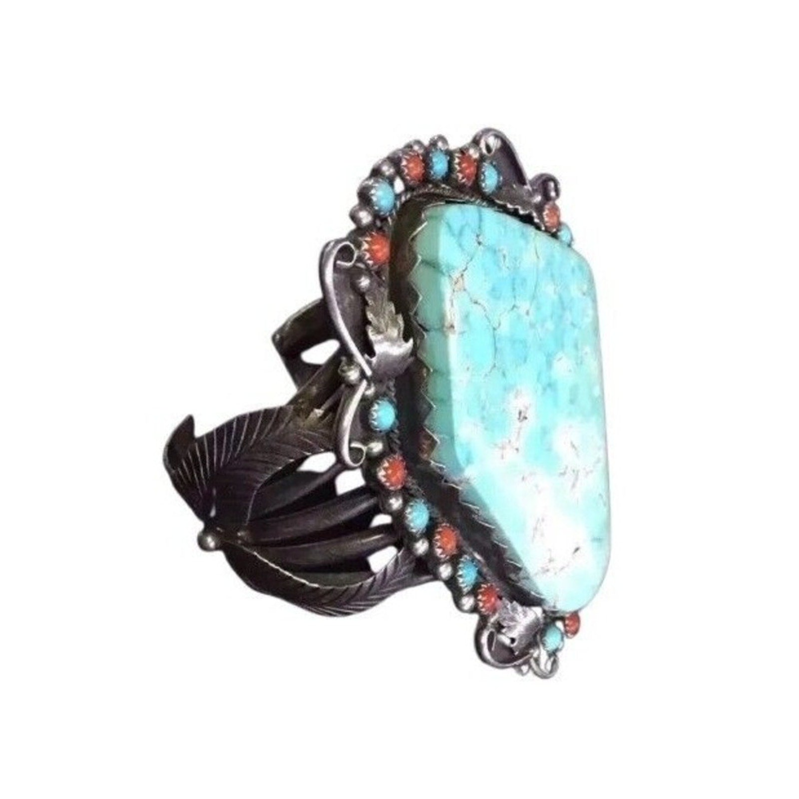 Antique Cuff Bracelet Green Turquoise Coral Sterling Silver Navajo Native Signed