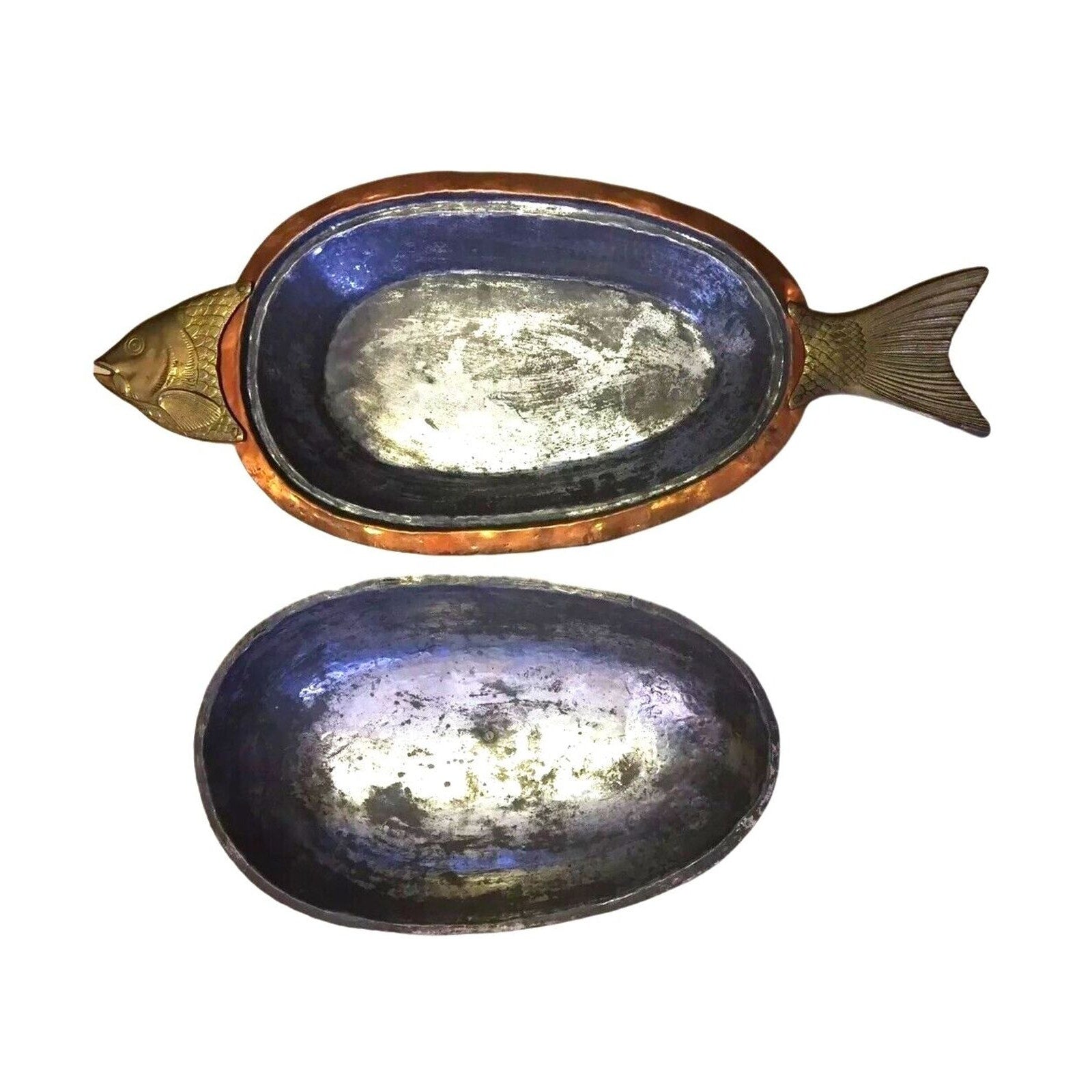 Antique Serving Dish Platter Cooking Lid Fish Seafood Oval Hammered Copper Brass