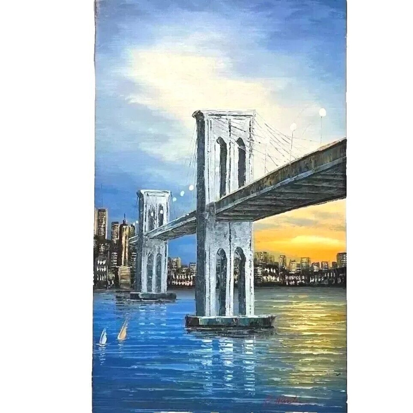 P. Hunter "Golden Bridge NY" Painting Oil on Canvas Blue Fine Art Signed