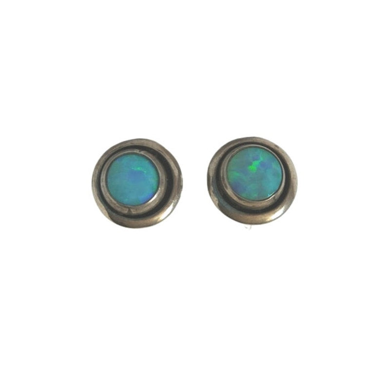 Vintage Round Cut Blue Green Opal Stud Earrings Sterling Silver 925 Post
