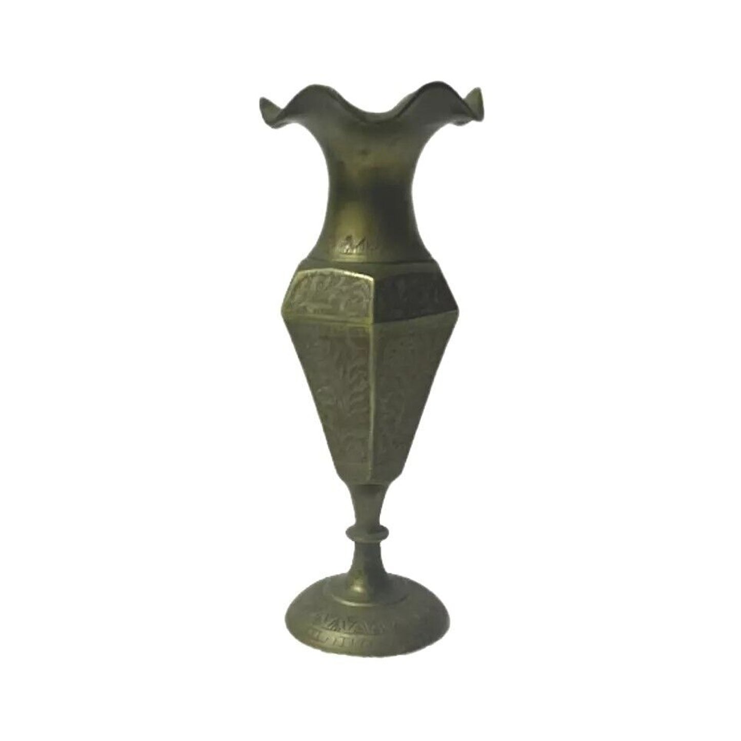 Vintage Brass Urn Vase Pedestal Etched Engraved Flower India 6" Fluted