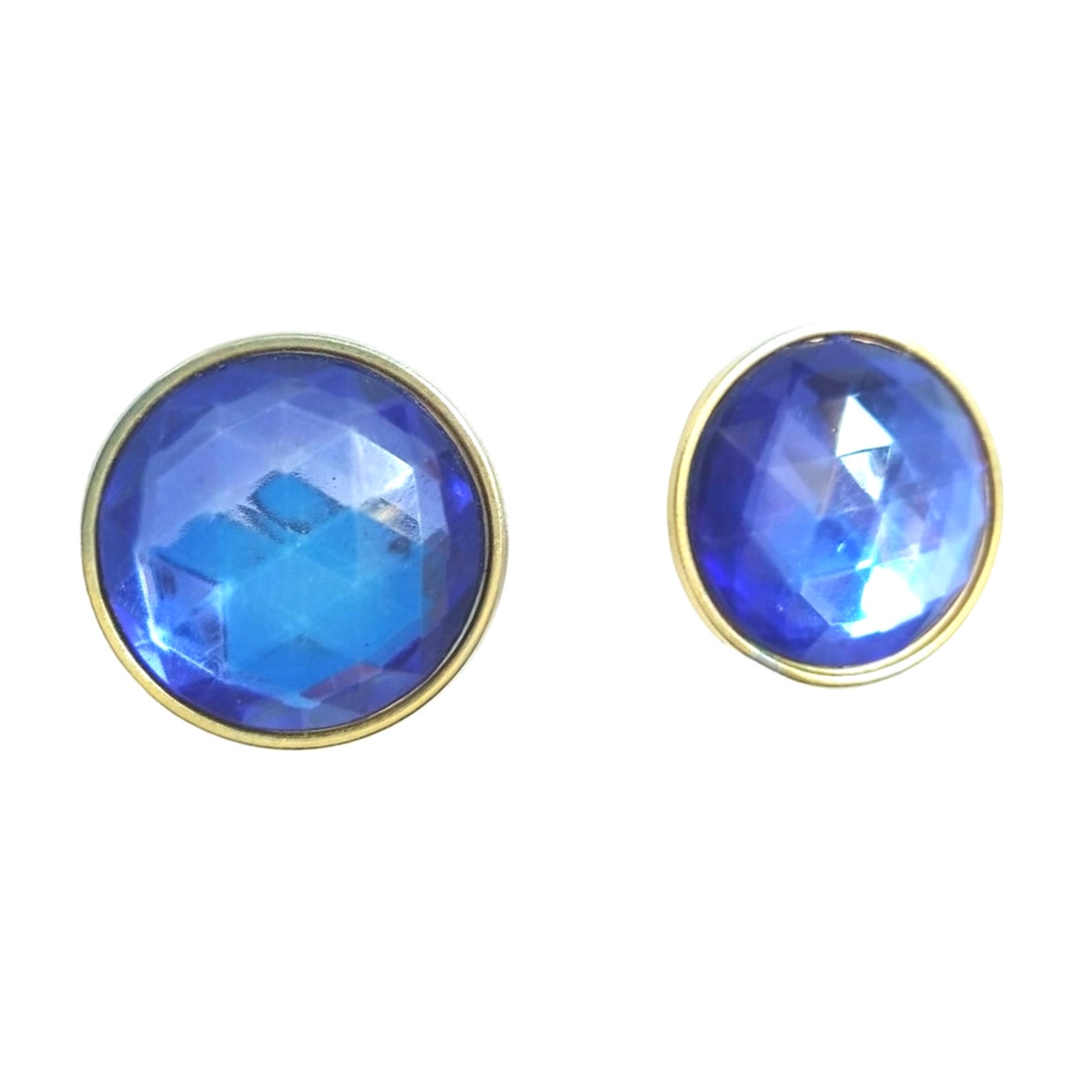 Vintage Faceted Round Blue Rhinestone Dome Button Earrings Gold Tone Clip On