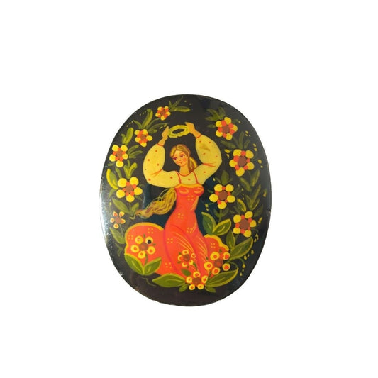 Vintage Women's Brooch Pin Russian Lady Flowers Black Enamel Fairytale Palekh