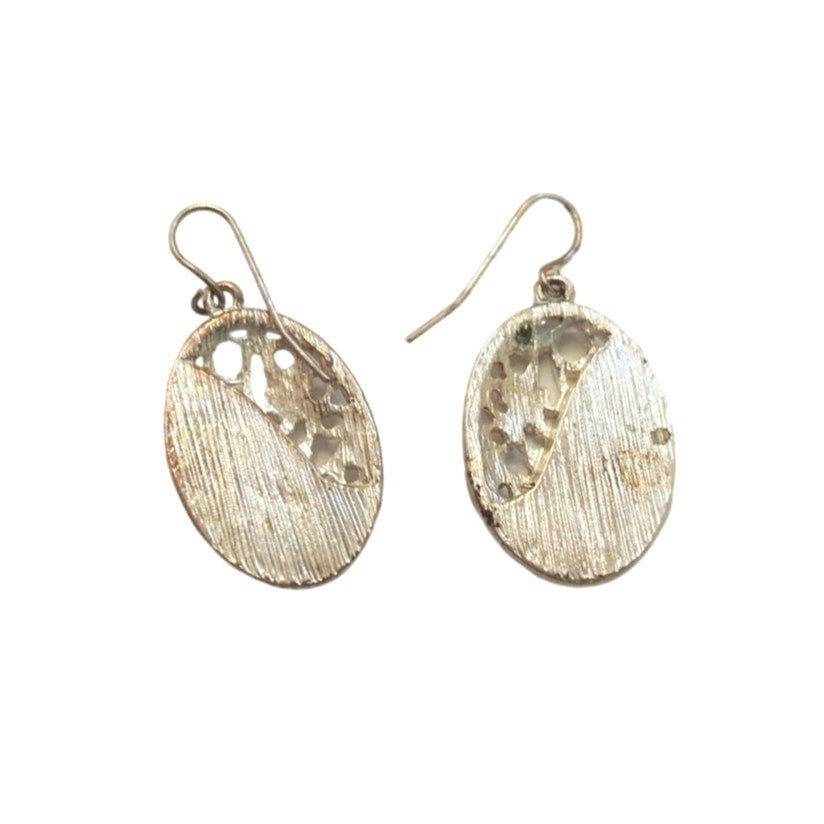 Vintage Abalone Oval Dangle Drop Earrings Silver Tone Hook