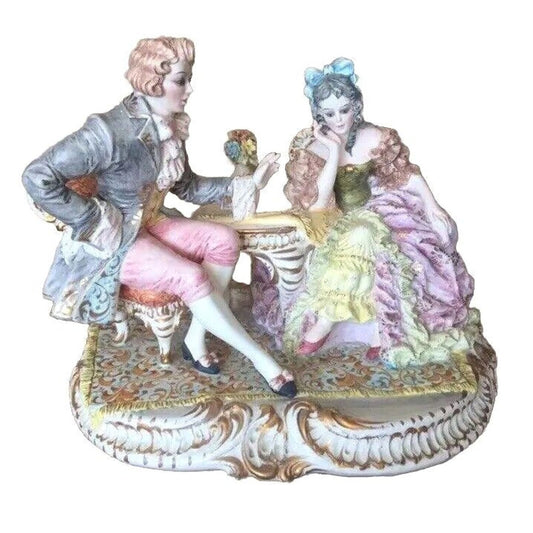 Antique Rococo Majolica Porcelain Figurine Lady And Gentleman Italy