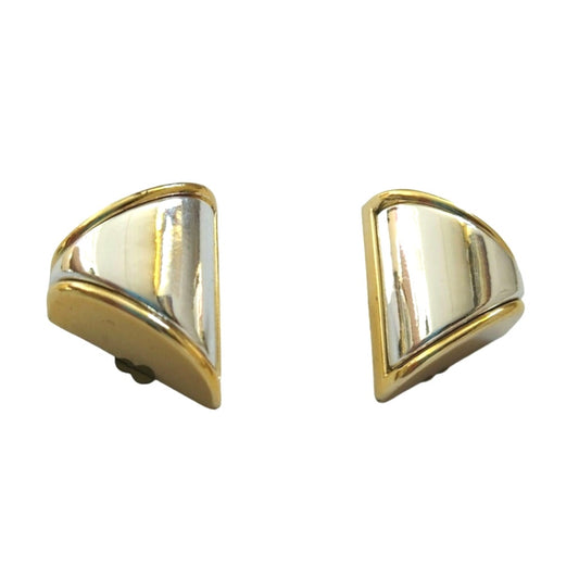 Vintage Triangle Stud Earrings Silver & Yellow Gold Plated 2 Tone Clip On