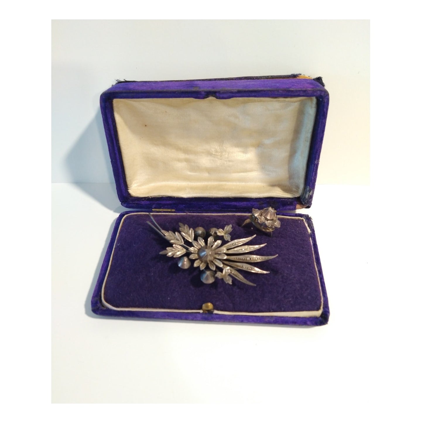 Victorian Antique Austrian Branch Brooch Ring Set Rose Cut Diamond Silver Leaf