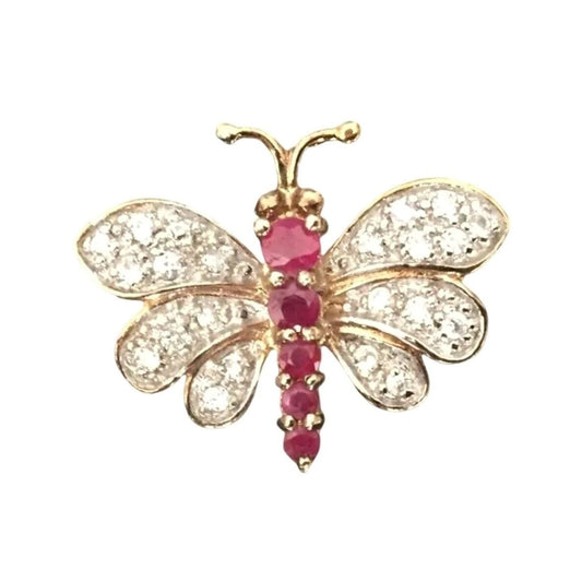 Brooch Pin Vintage Butterfly Ruby & Crystals, Vermeil Gold over Sterling Silver