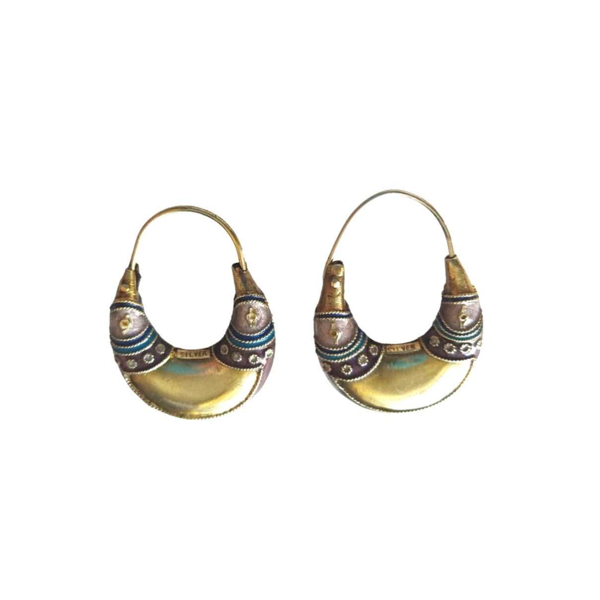 Vintage Gold Plated Purple Enamel Crescent Earrings Sterling Silver 925 Hoop