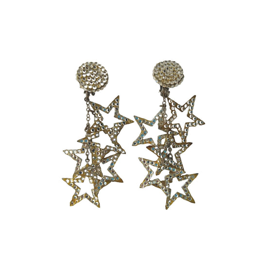 Vintage Silver Paved Crystal Sparkling Stars Dangle Earrings Oversized Clip On