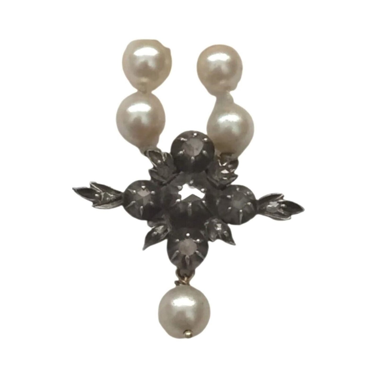 Antique Natural Pearl Necklace Rose Cut Diamonds 14K Gold Silver Victorian 1880s