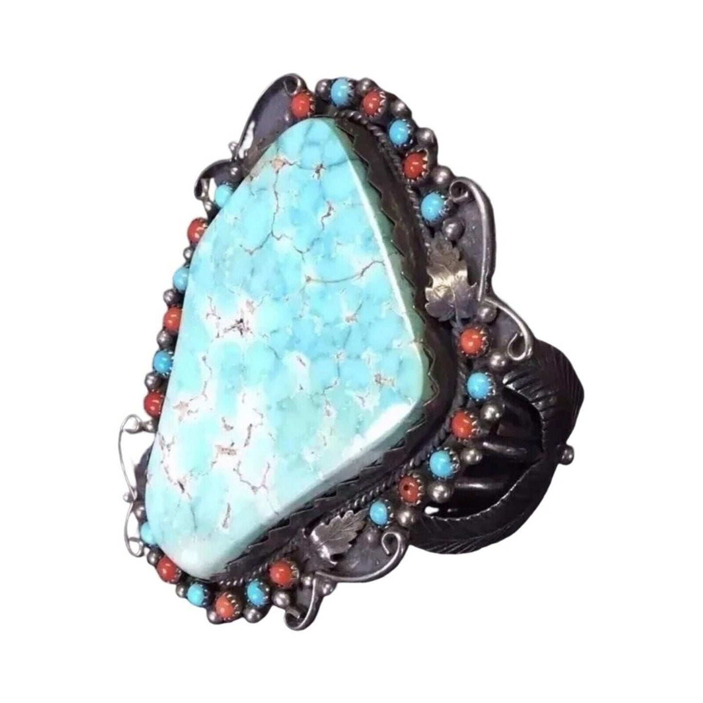 Antique Cuff Bracelet Green Turquoise Coral Sterling Silver Navajo Native Signed