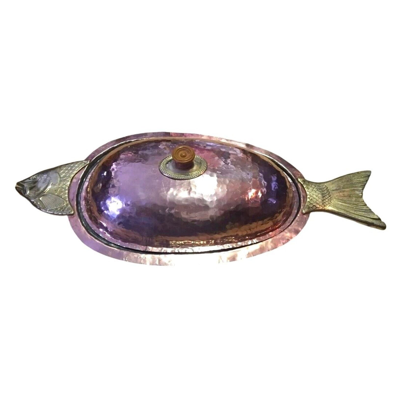 Antique Serving Dish Platter Cooking Lid Fish Seafood Oval Hammered Copper Brass